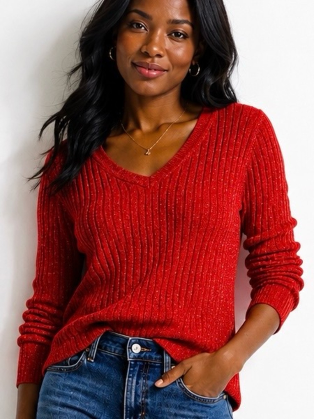 Tommy Hilfiger Red Sparkle Sweater L Holiday